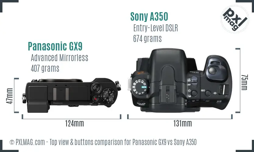 Panasonic GX9 vs Sony A350 top view buttons comparison