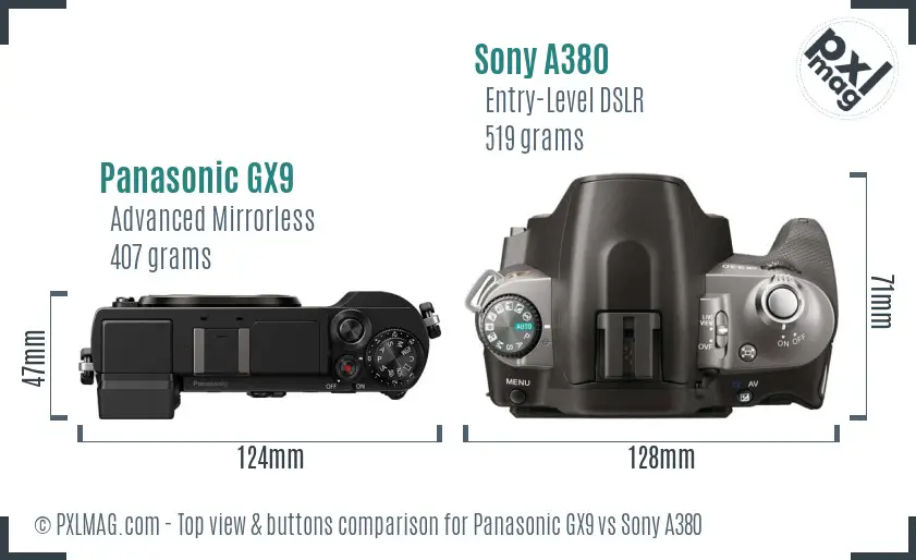 Panasonic GX9 vs Sony A380 top view buttons comparison