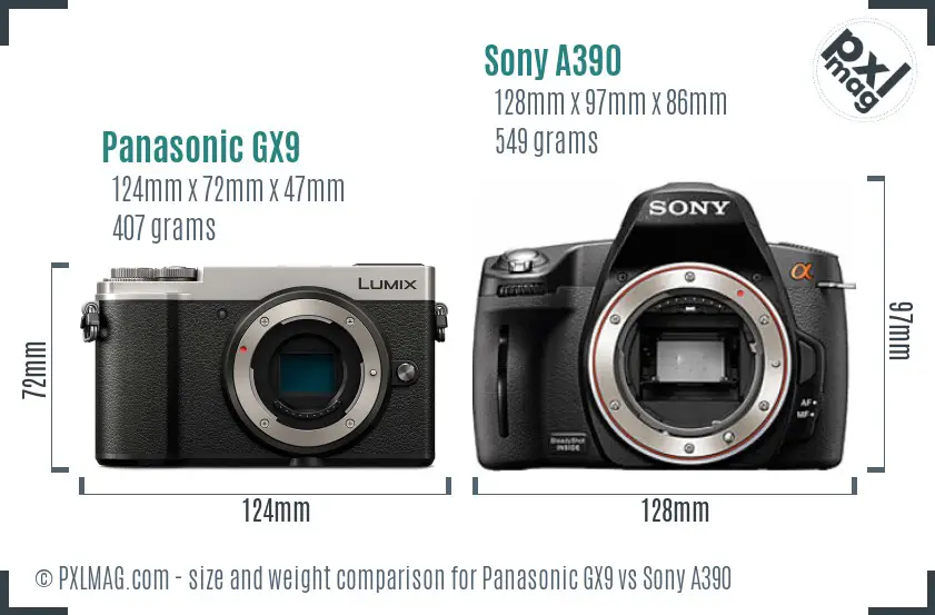 Panasonic GX9 vs Sony A390 size comparison