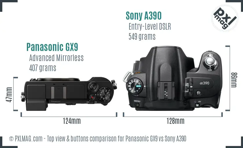 Panasonic GX9 vs Sony A390 top view buttons comparison