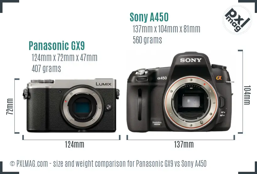 Panasonic GX9 vs Sony A450 size comparison