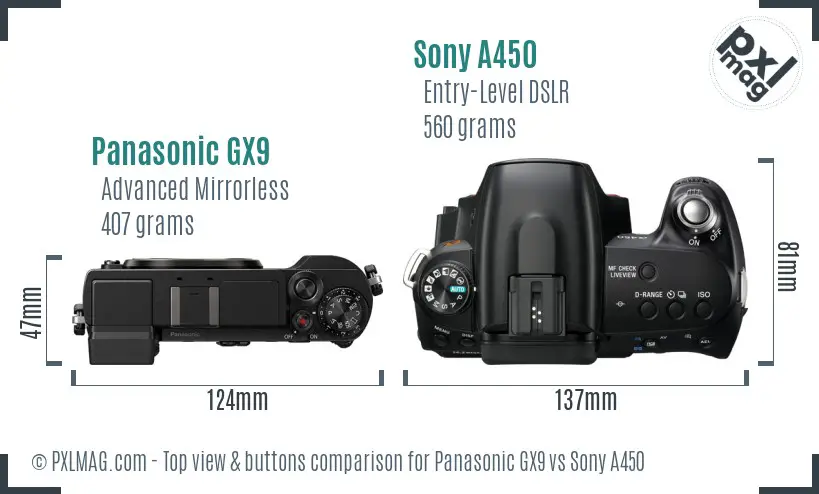 Panasonic GX9 vs Sony A450 top view buttons comparison