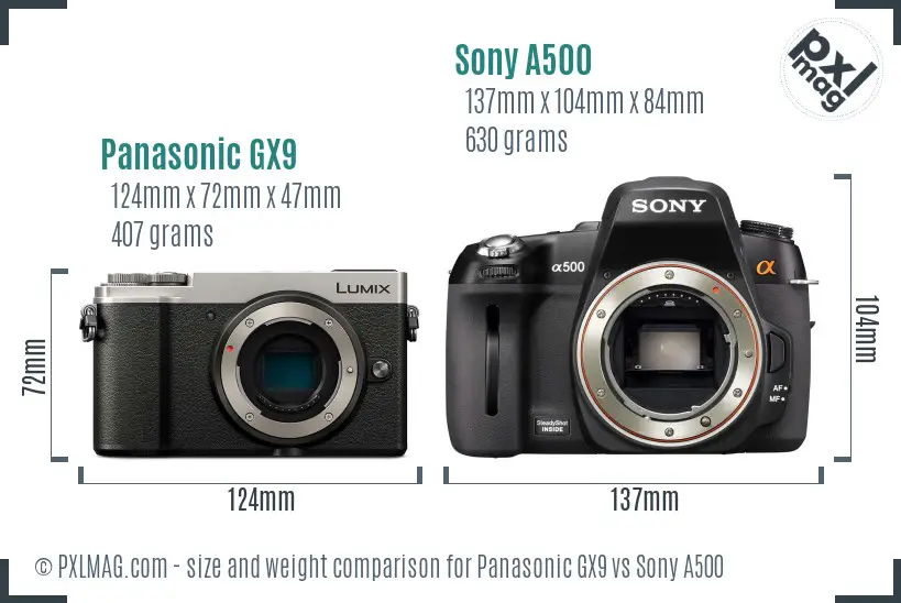 Panasonic GX9 vs Sony A500 size comparison