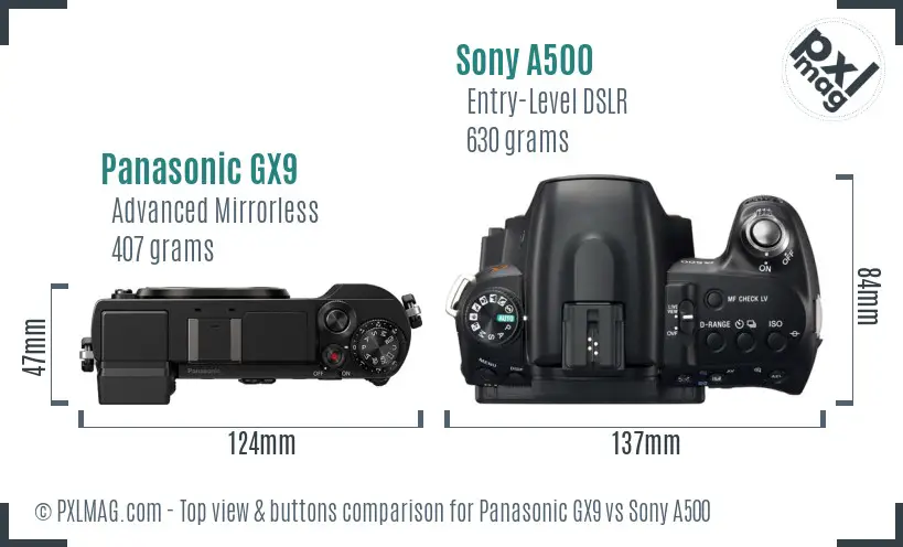 Panasonic GX9 vs Sony A500 top view buttons comparison