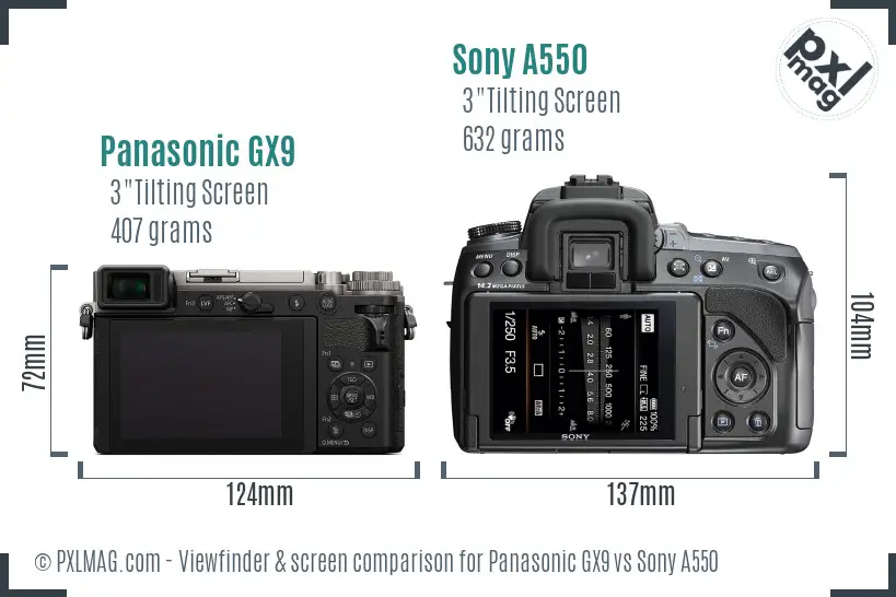 Panasonic GX9 vs Sony A550 Screen and Viewfinder comparison