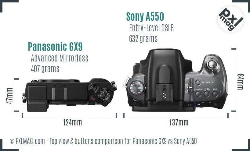 Panasonic GX9 vs Sony A550 top view buttons comparison