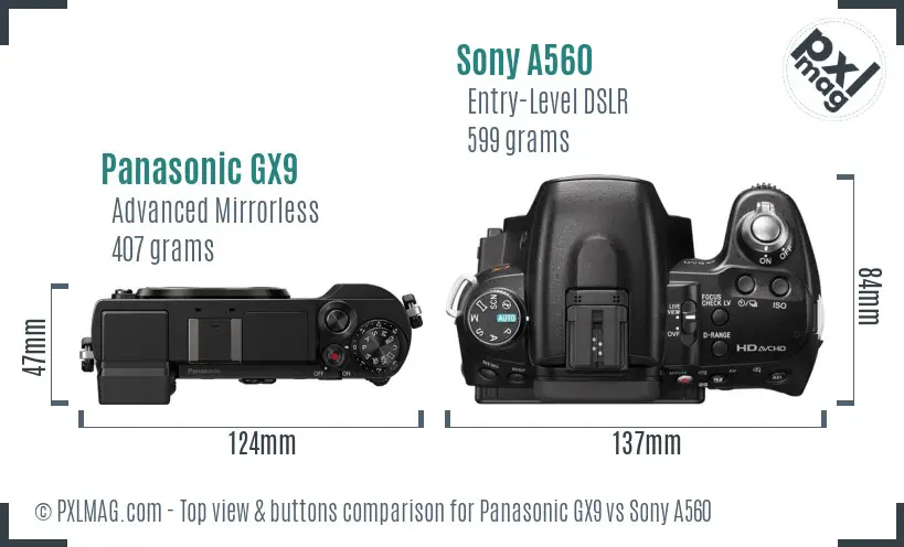 Panasonic GX9 vs Sony A560 top view buttons comparison