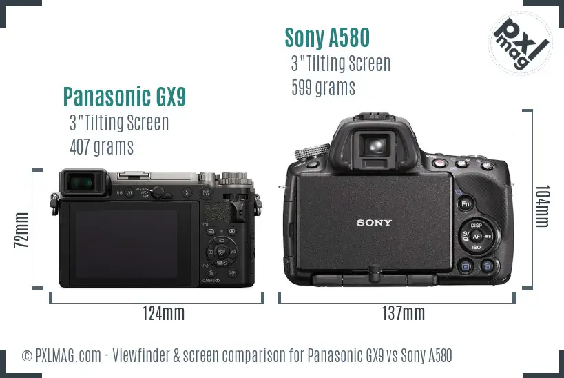 Panasonic GX9 vs Sony A580 Screen and Viewfinder comparison