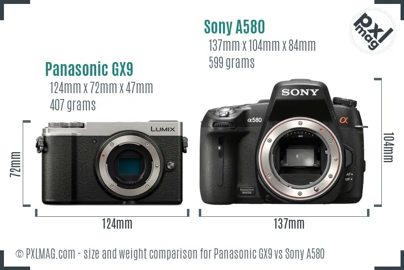 Panasonic GX9 vs Sony A580 size comparison