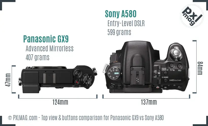 Panasonic GX9 vs Sony A580 top view buttons comparison