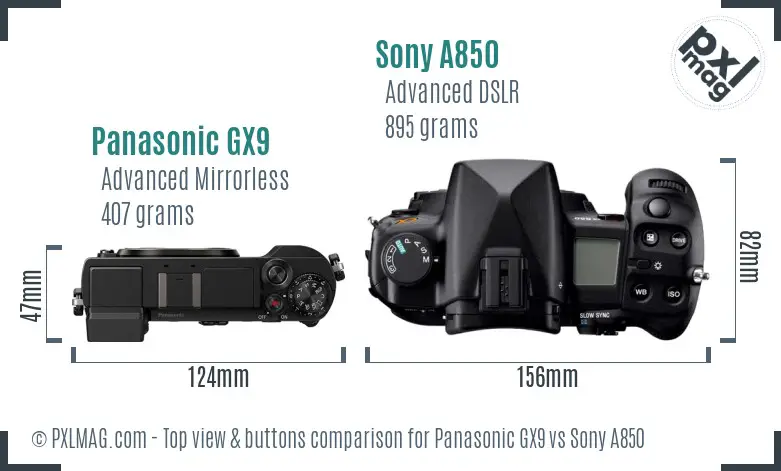 Panasonic GX9 vs Sony A850 top view buttons comparison