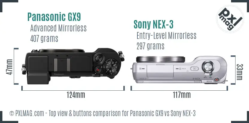 Panasonic GX9 vs Sony NEX-3 top view buttons comparison