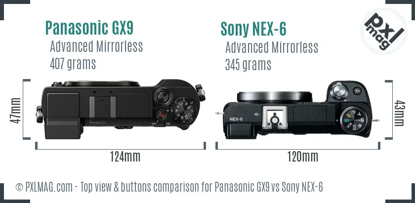 Panasonic GX9 vs Sony NEX-6 top view buttons comparison