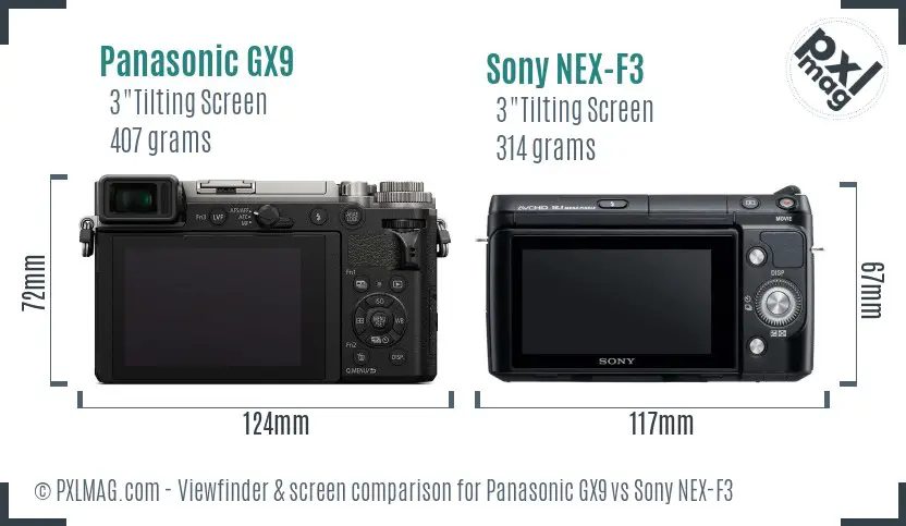 Panasonic GX9 vs Sony NEX-F3 Screen and Viewfinder comparison