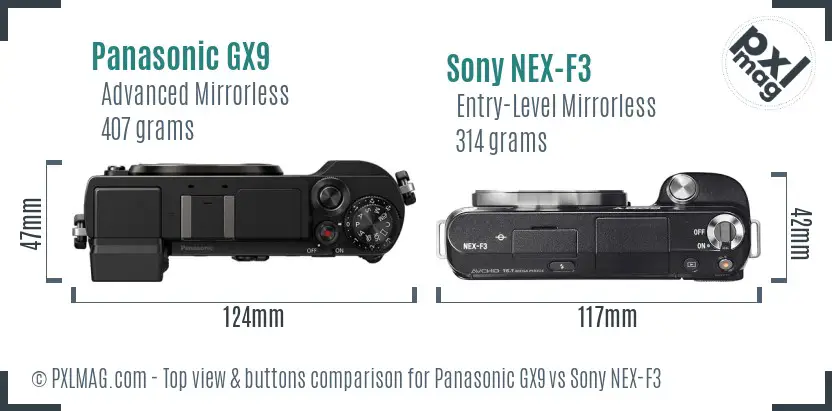 Panasonic GX9 vs Sony NEX-F3 top view buttons comparison