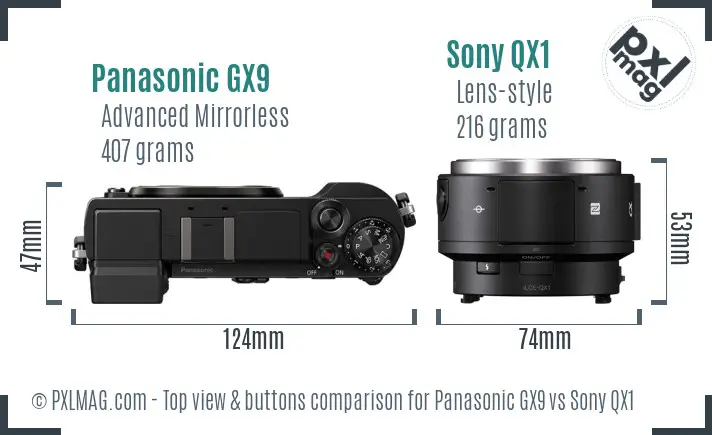 Panasonic GX9 vs Sony QX1 top view buttons comparison