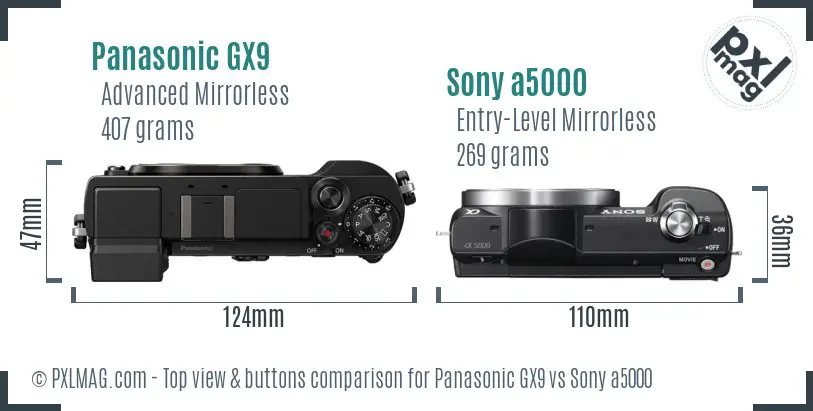 Panasonic GX9 vs Sony a5000 top view buttons comparison