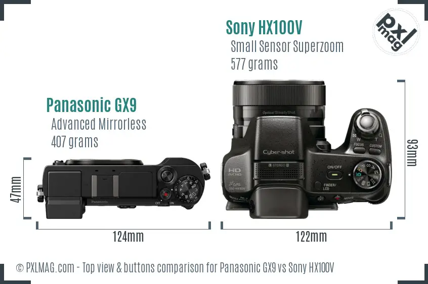 Panasonic GX9 vs Sony HX100V top view buttons comparison