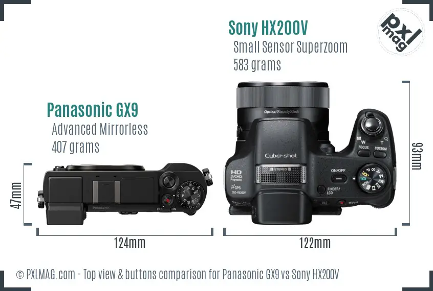 Panasonic GX9 vs Sony HX200V top view buttons comparison