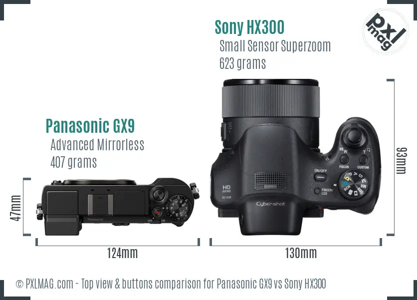 Panasonic GX9 vs Sony HX300 top view buttons comparison