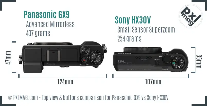 Panasonic GX9 vs Sony HX30V top view buttons comparison