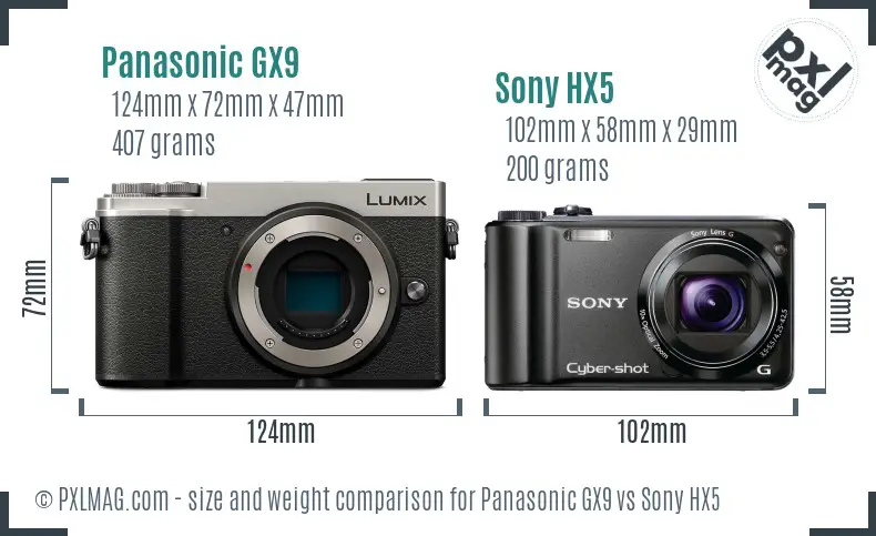 Panasonic GX9 vs Sony HX5 size comparison