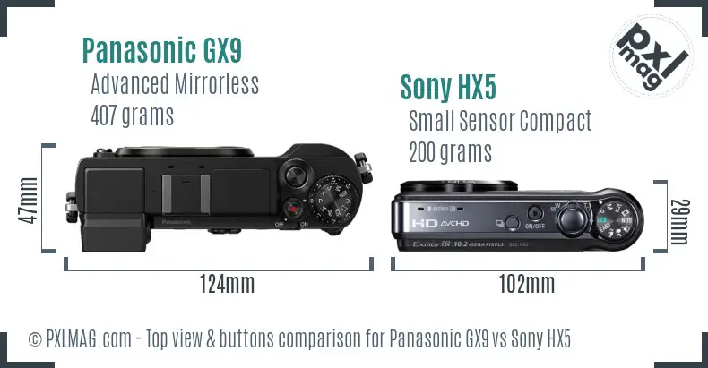 Panasonic GX9 vs Sony HX5 top view buttons comparison