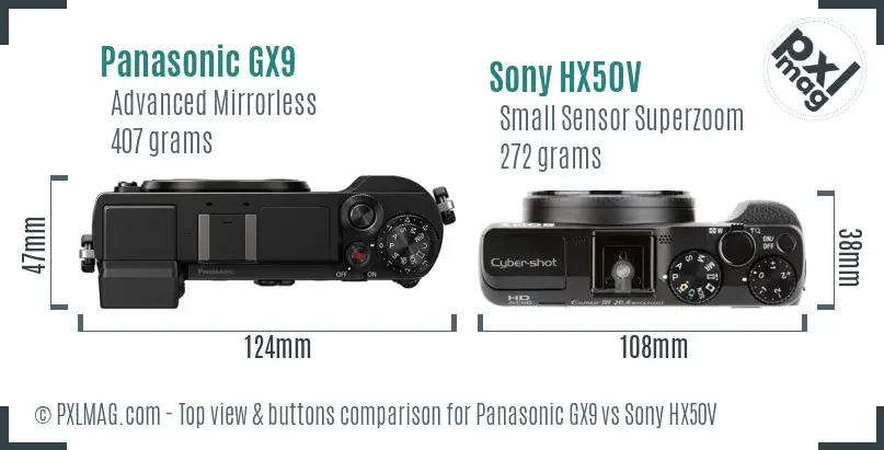 Panasonic GX9 vs Sony HX50V top view buttons comparison