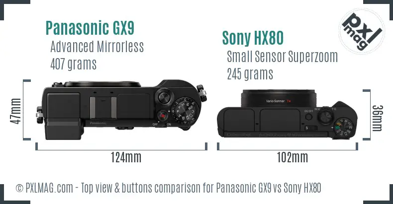 Panasonic GX9 vs Sony HX80 top view buttons comparison