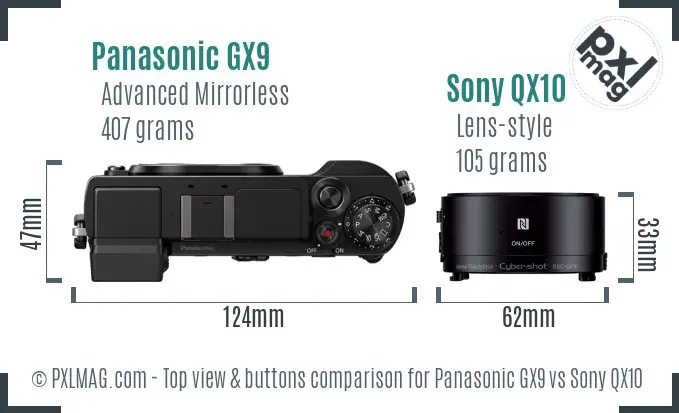 Panasonic GX9 vs Sony QX10 top view buttons comparison