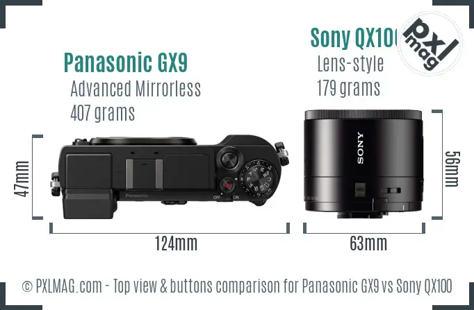 Panasonic GX9 vs Sony QX100 top view buttons comparison