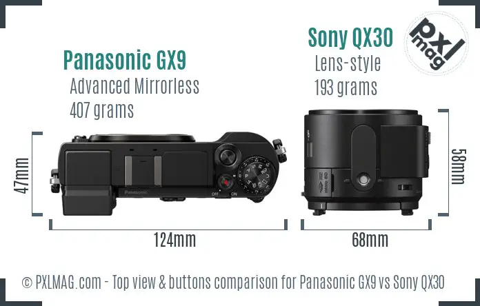 Panasonic GX9 vs Sony QX30 top view buttons comparison