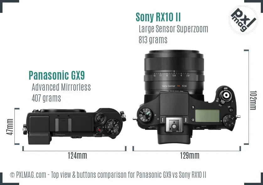 Panasonic GX9 vs Sony RX10 II top view buttons comparison