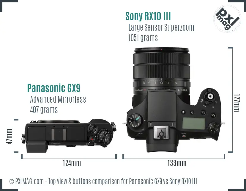 Panasonic GX9 vs Sony RX10 III top view buttons comparison