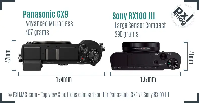 Panasonic GX9 vs Sony RX100 III top view buttons comparison