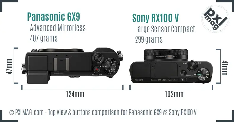 Panasonic GX9 vs Sony RX100 V top view buttons comparison