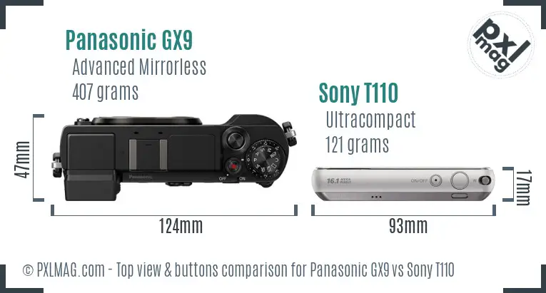 Panasonic GX9 vs Sony T110 top view buttons comparison