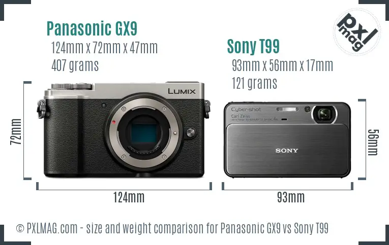 Panasonic GX9 vs Sony T99 size comparison