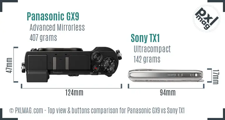 Panasonic GX9 vs Sony TX1 top view buttons comparison