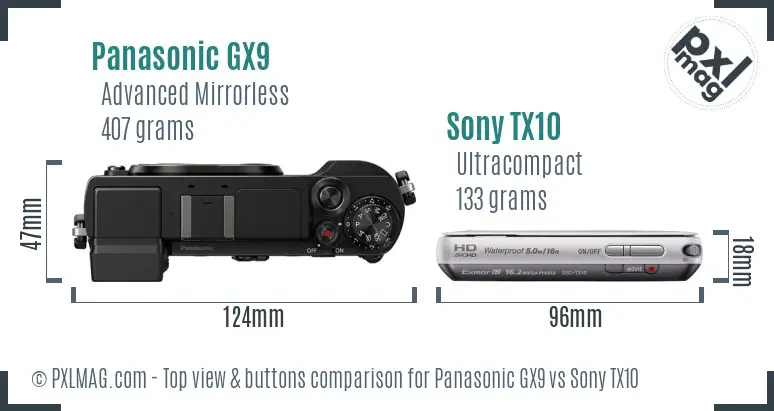 Panasonic GX9 vs Sony TX10 top view buttons comparison