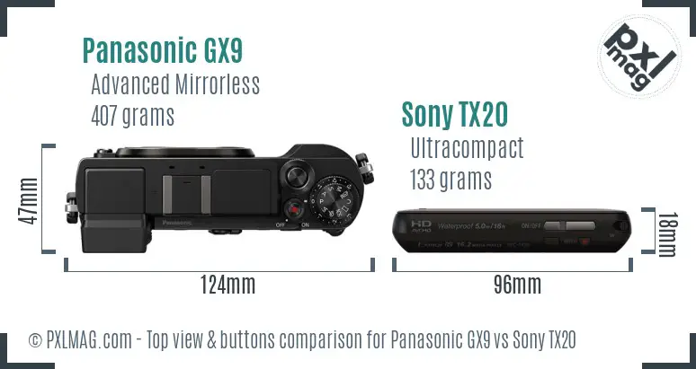 Panasonic GX9 vs Sony TX20 top view buttons comparison