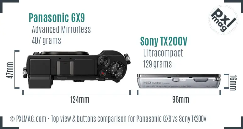 Panasonic GX9 vs Sony TX200V top view buttons comparison Panasonic GX9 vs Sony TX200V top view buttons comparison