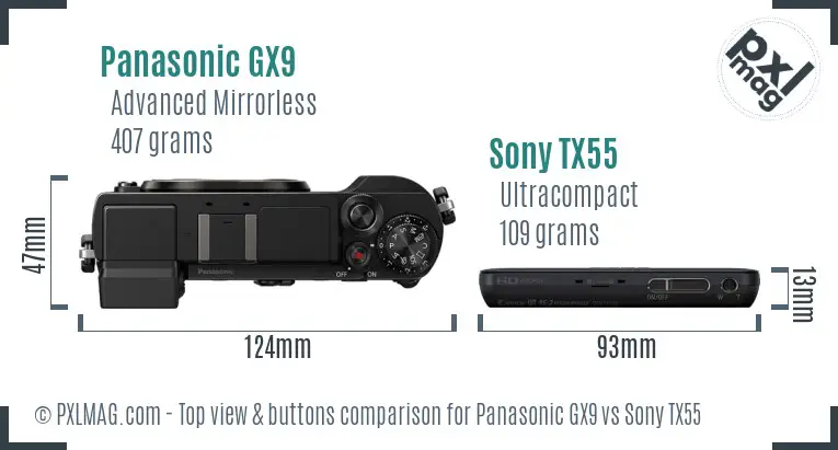 Panasonic GX9 vs Sony TX55 top view buttons comparison Panasonic GX9 vs Sony TX55 top view buttons comparison