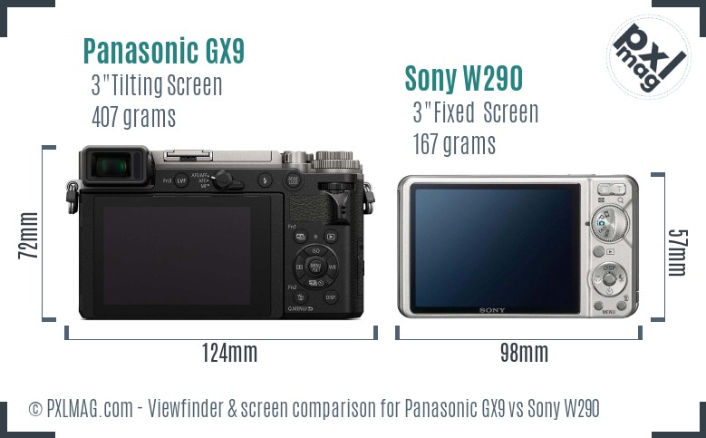 Panasonic GX9 vs Sony W290 Screen and Viewfinder comparison