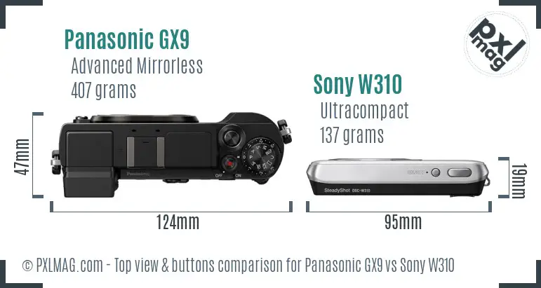 Panasonic GX9 vs Sony W310 top view buttons comparison