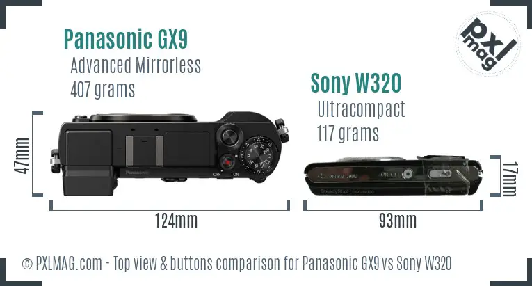 Panasonic GX9 vs Sony W320 top view buttons comparison