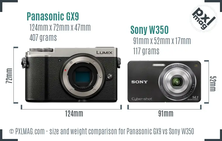 Panasonic GX9 vs Sony W350 size comparison