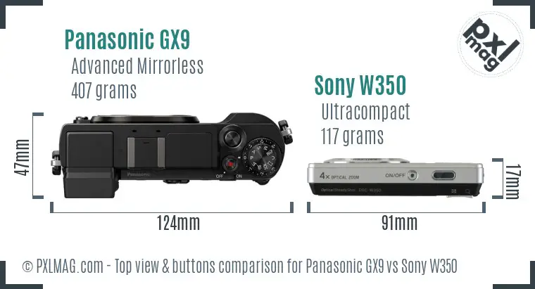 Panasonic GX9 vs Sony W350 top view buttons comparison