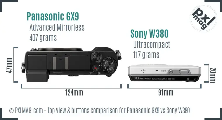 Panasonic GX9 vs Sony W380 top view buttons comparison Panasonic GX9 vs Sony W380 top view buttons comparison