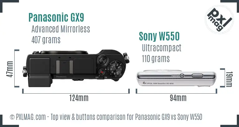 Panasonic GX9 vs Sony W550 top view buttons comparison Panasonic GX9 vs Sony W550 top view buttons comparison